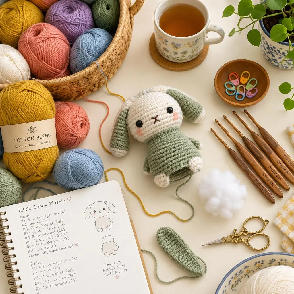 Cozy crochet workspace with colorful yarn, hooks, and a plushie in progress